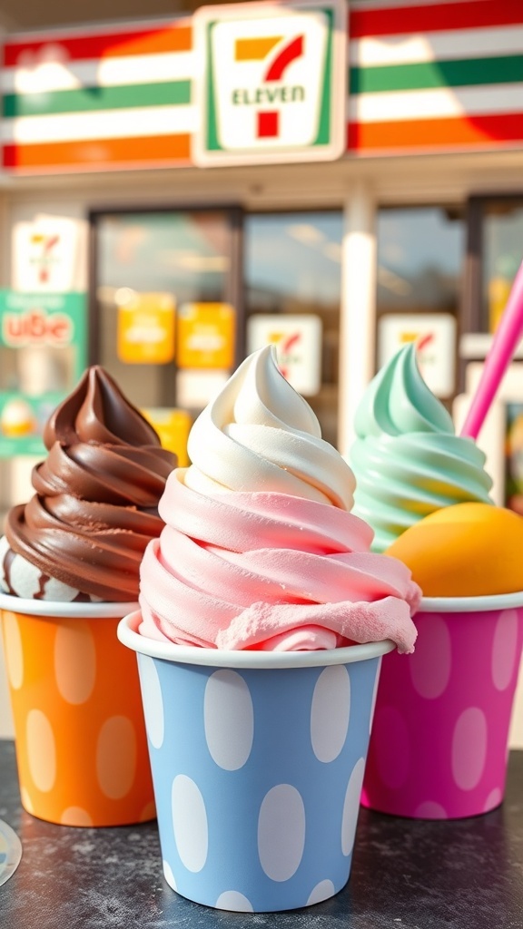 Assorted ice cream flavors from 7-Eleven Philippines including chocolate, vanilla, ube, and mango.